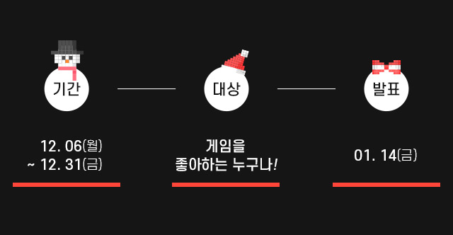 기간 : 2021년 12월 06일(월) ~ 2021년 12월 31일(금). 
                	대상 : 게임을 즐기는 누구나!
                    발표 : 2022년 01월 14일(금).